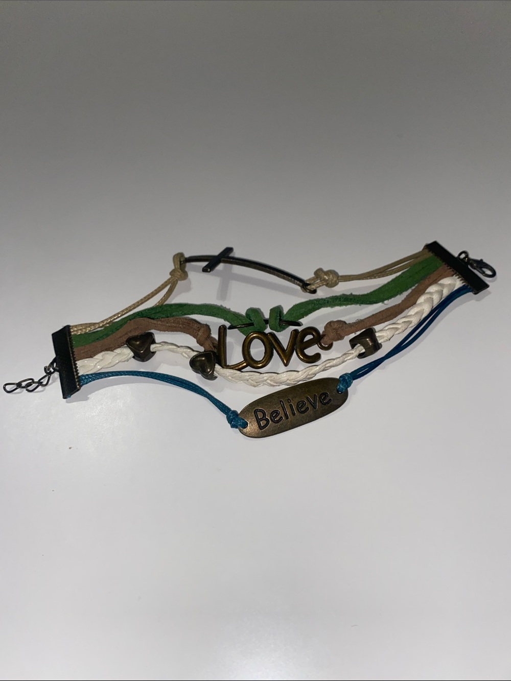 Love Multi-Strand Charm Bracelet in Green, Brown, White, Blue